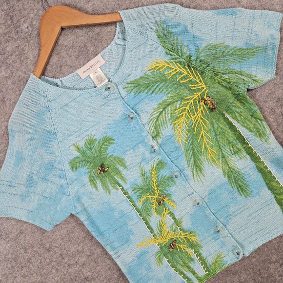 Susan Bristol Sweaters - Susan Bristol Women's Blue Cardigan Size L Cotton Blend Palm Trees Rock Coconuts